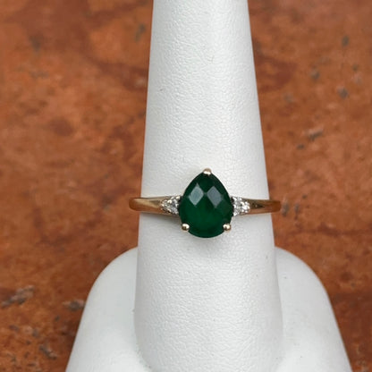 Estate 10KT Yellow Gold Pear Checkerboard Emerald + Diamond Ring