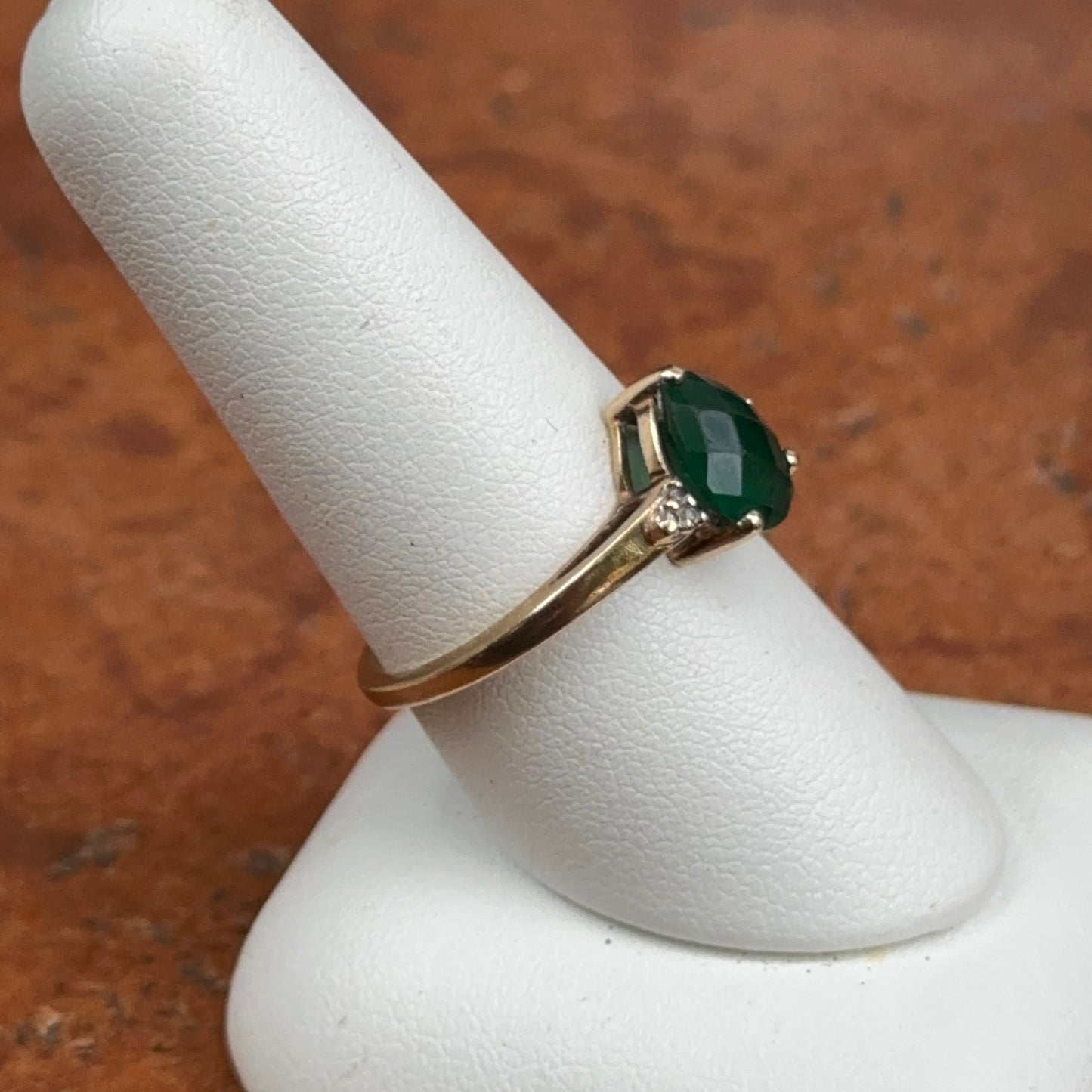 Estate 10KT Yellow Gold Pear Checkerboard Emerald + Diamond Ring