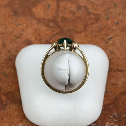 Estate 10KT Yellow Gold Pear Checkerboard Emerald + Diamond Ring