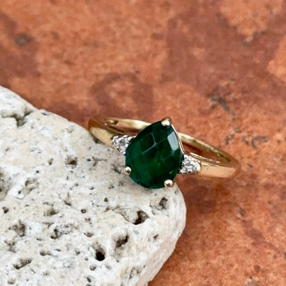 Estate 10KT Yellow Gold Pear Checkerboard Emerald + Diamond Ring