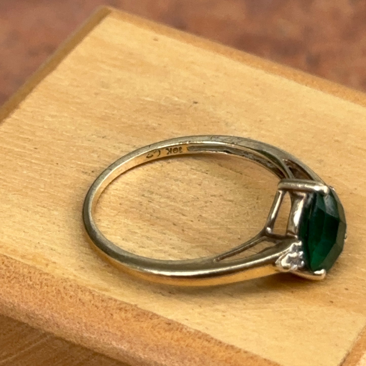 Estate 10KT Yellow Gold Pear Checkerboard Emerald + Diamond Ring