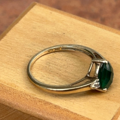 Estate 10KT Yellow Gold Pear Checkerboard Emerald + Diamond Ring