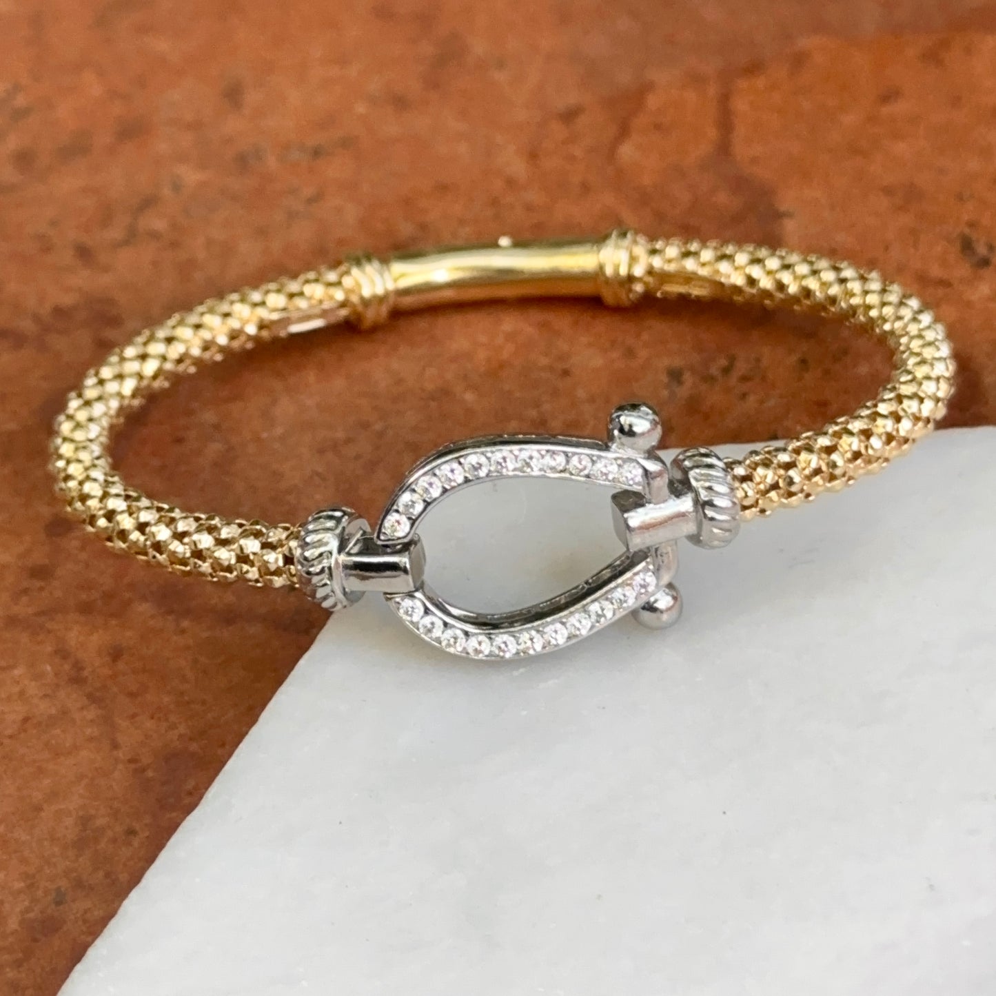 Gold-Plated + Silver Mesh Popcorn Horse Bit Diamond Bangle Bracelet