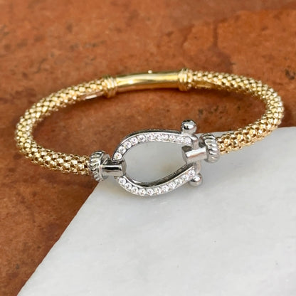 Gold-Plated + Silver Mesh Popcorn Horse Bit Diamond Bangle Bracelet