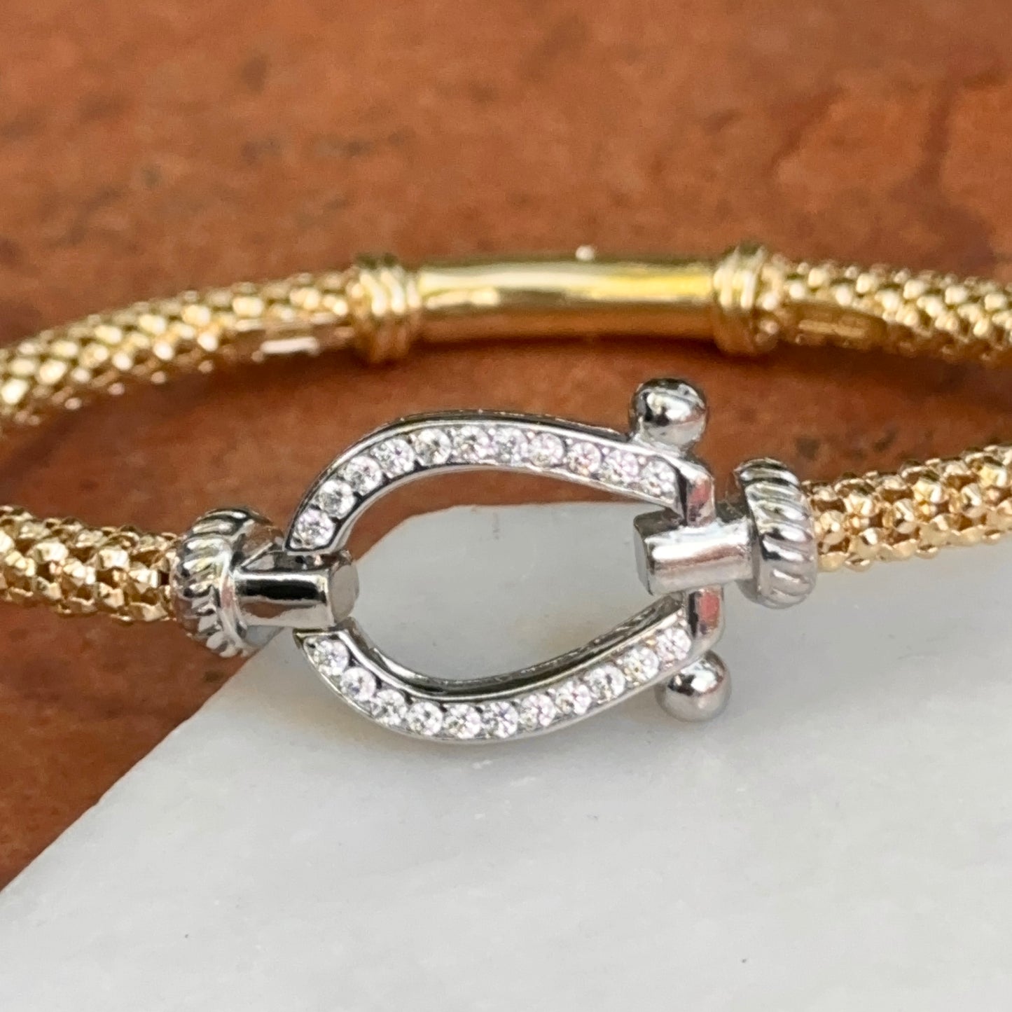 Gold-Plated + Silver Mesh Popcorn Horse Bit Diamond Bangle Bracelet