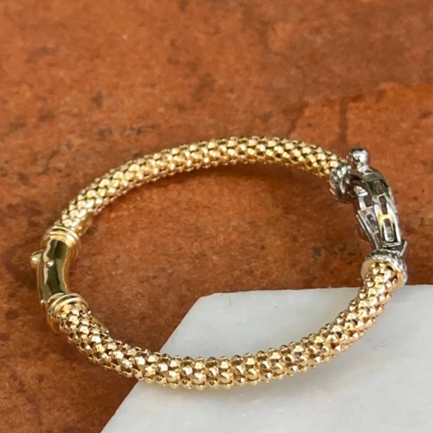Gold-Plated + Silver Mesh Popcorn Horse Bit Diamond Bangle Bracelet