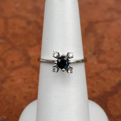 Estate 14KT White Gold Round Blue Sapphire + Round Diamond Prong Set Ring