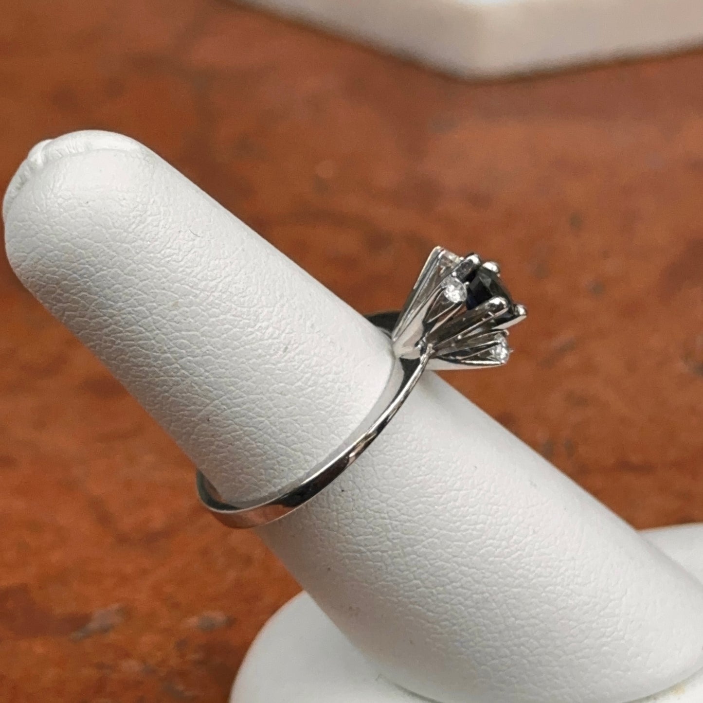 Estate 14KT White Gold Round Blue Sapphire + Round Diamond Prong Set Ring