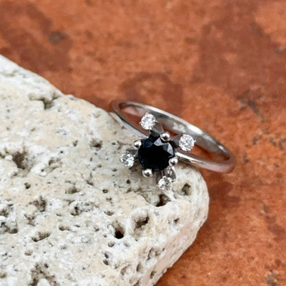 Estate 14KT White Gold Round Blue Sapphire + Round Diamond Prong Set Ring