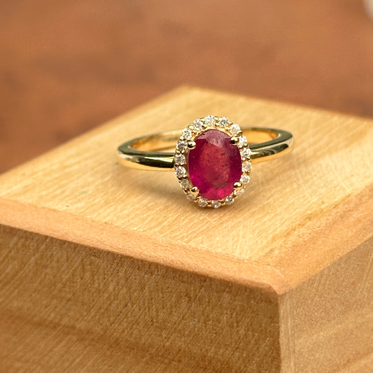 14KT Yellow Gold Oval 2 CT Ruby + Diamond Halo Ring
