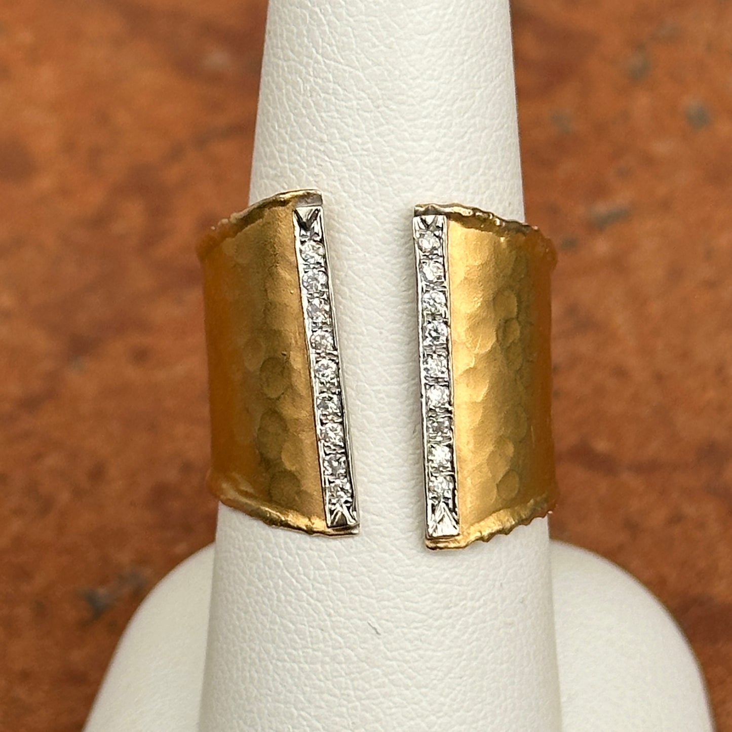 Estate 14KT Yellow Gold Hammered Diamond Open Wide Band Ring