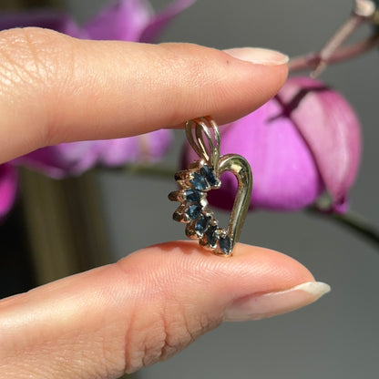 Estate 10KT Yellow Gold Marquise Blue Sapphire Heart Pendant