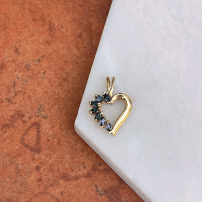 Estate 10KT Yellow Gold Marquise Blue Sapphire Heart Pendant