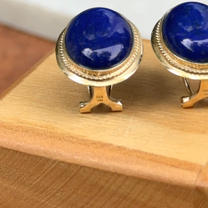 Estate 14KT Yellow Gold Oval Rope Bezeled Blue Lapis Omega Earrings