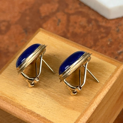 Estate 14KT Yellow Gold Oval Rope Bezeled Blue Lapis Omega Earrings
