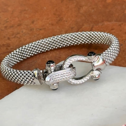 Silver Mesh Popcorn Horse Bit Diamond + Black Onyx Bangle Bracelet