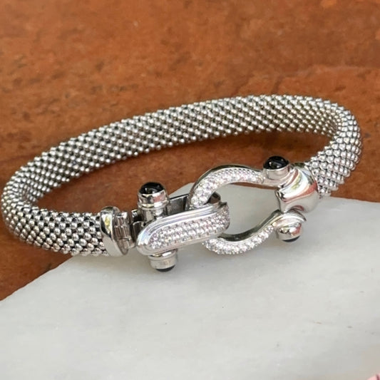 Silver Mesh Popcorn Horse Bit Diamond + Black Onyx Bangle Bracelet