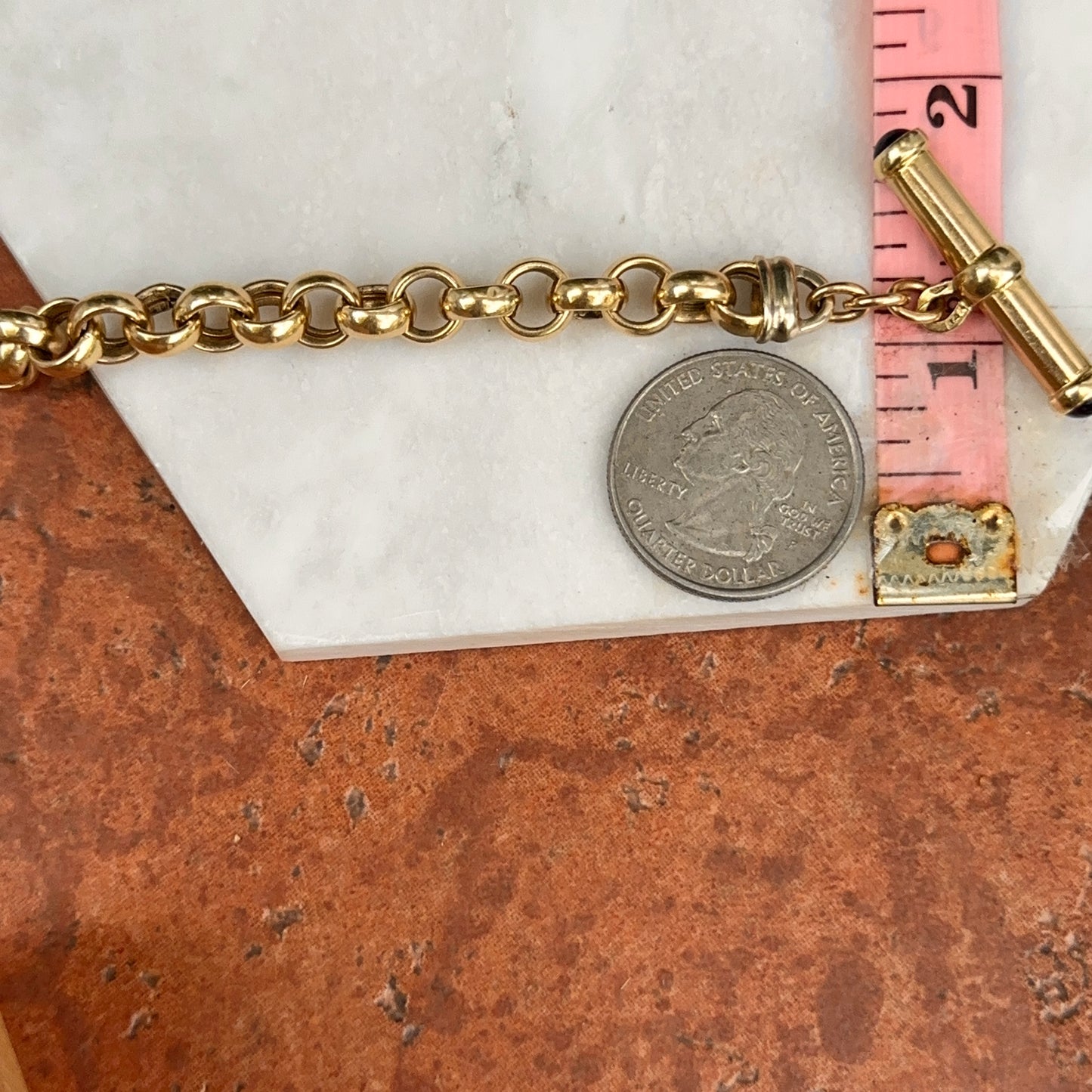 Estate 14KT Yellow Gold Round Link Toggle Bracelet + Cabochon Amethyst