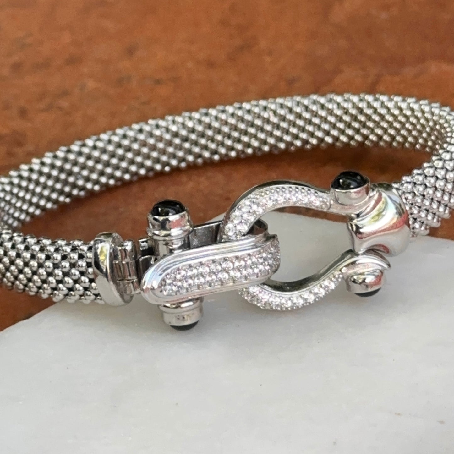 Silver Mesh Popcorn Horse Bit Diamond + Black Onyx Bangle Bracelet