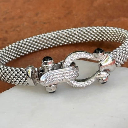 Silver Mesh Popcorn Horse Bit Diamond + Black Onyx Bangle Bracelet