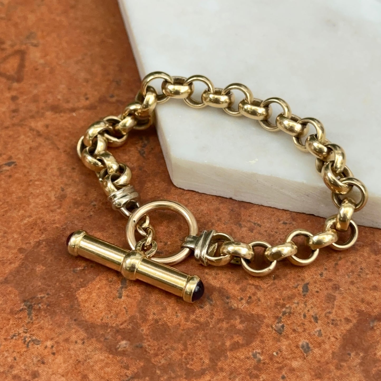 Estate 14KT Yellow Gold Round Link Toggle Bracelet + Cabochon Amethyst