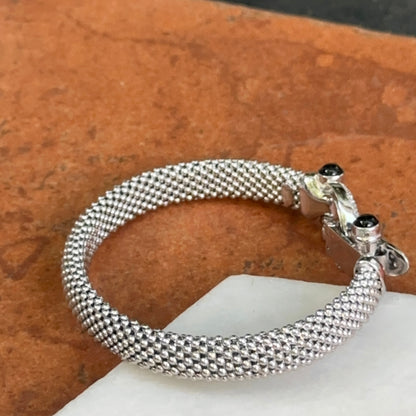 Silver Mesh Popcorn Horse Bit Diamond + Black Onyx Bangle Bracelet