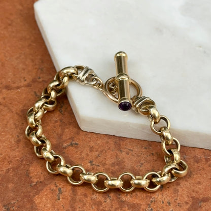Estate 14KT Yellow Gold Round Link Toggle Bracelet + Cabochon Amethyst