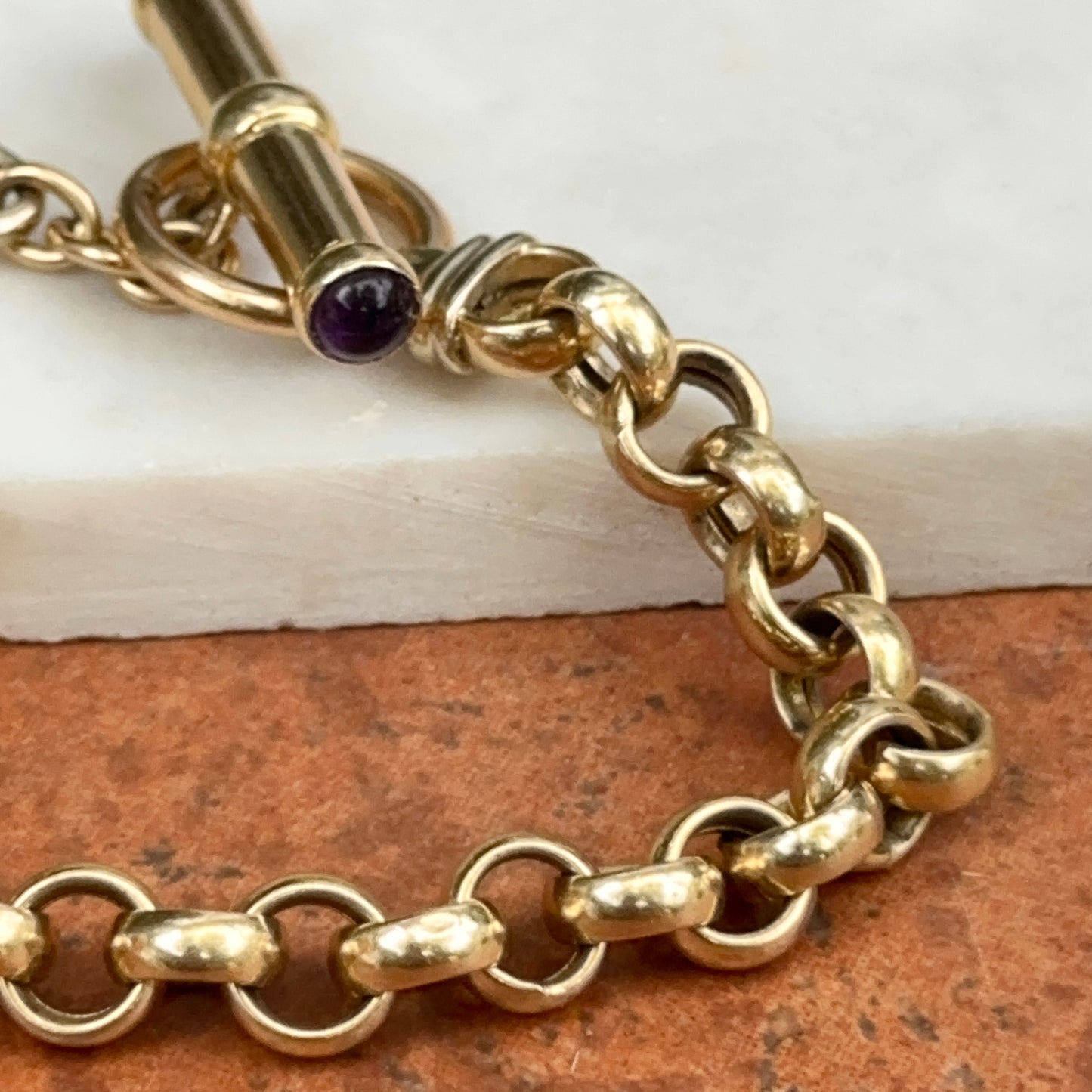 Estate 14KT Yellow Gold Round Link Toggle Bracelet + Cabochon Amethyst