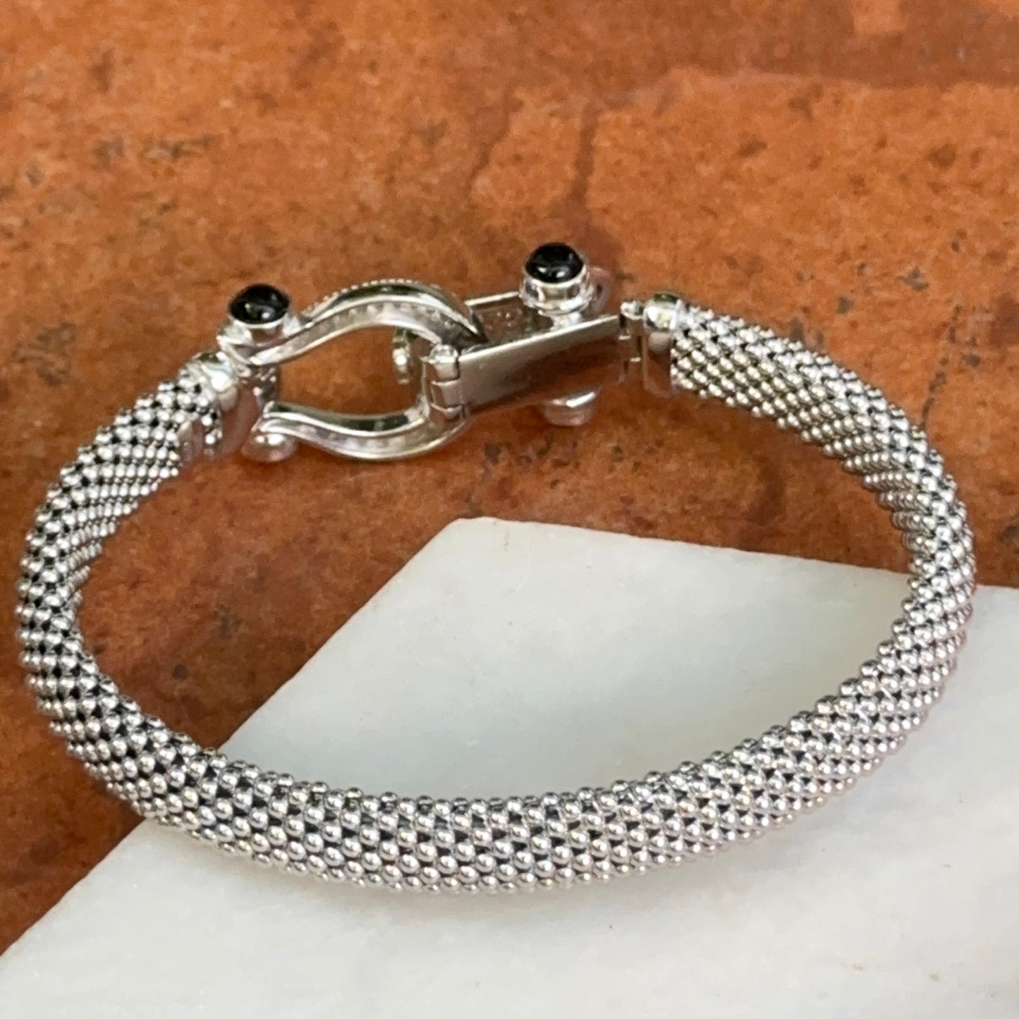 Silver Mesh Popcorn Horse Bit Diamond + Black Onyx Bangle Bracelet