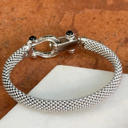 Silver Mesh Popcorn Horse Bit Diamond + Black Onyx Bangle Bracelet