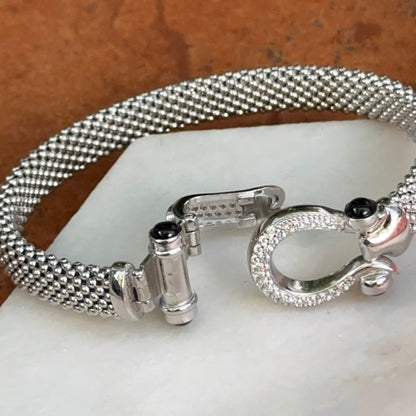 Silver Mesh Popcorn Horse Bit Diamond + Black Onyx Bangle Bracelet