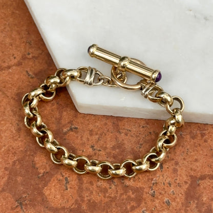 Estate 14KT Yellow Gold Round Link Toggle Bracelet + Cabochon Amethyst
