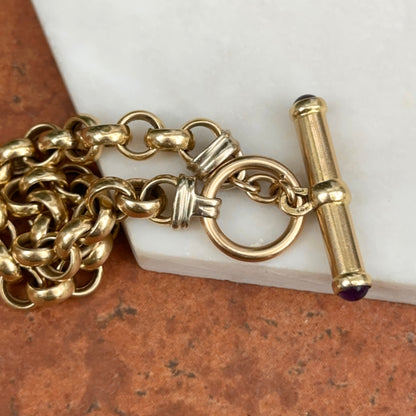 Estate 14KT Yellow Gold Round Link Toggle Bracelet + Cabochon Amethyst