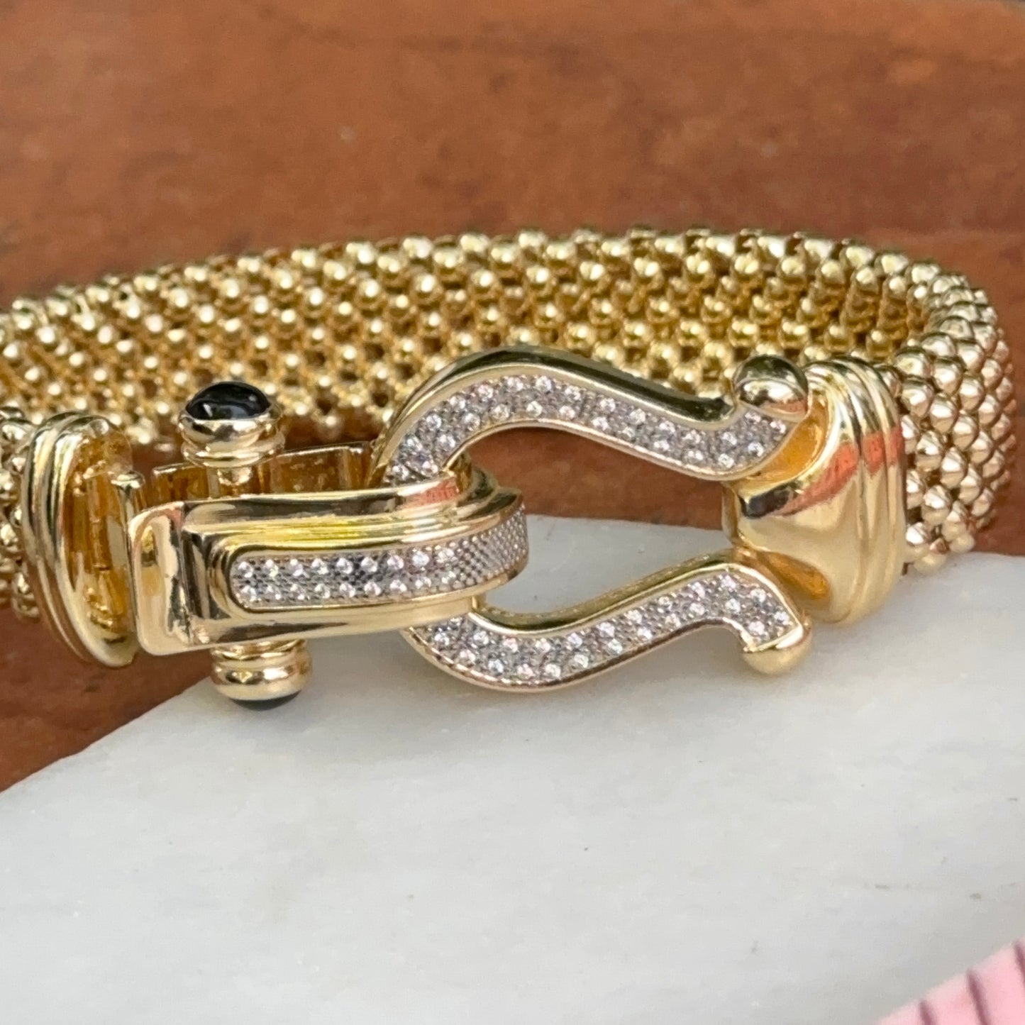 Gold-Plated Popcorn Mesh Onyx + Diamond Bangle Bracelet