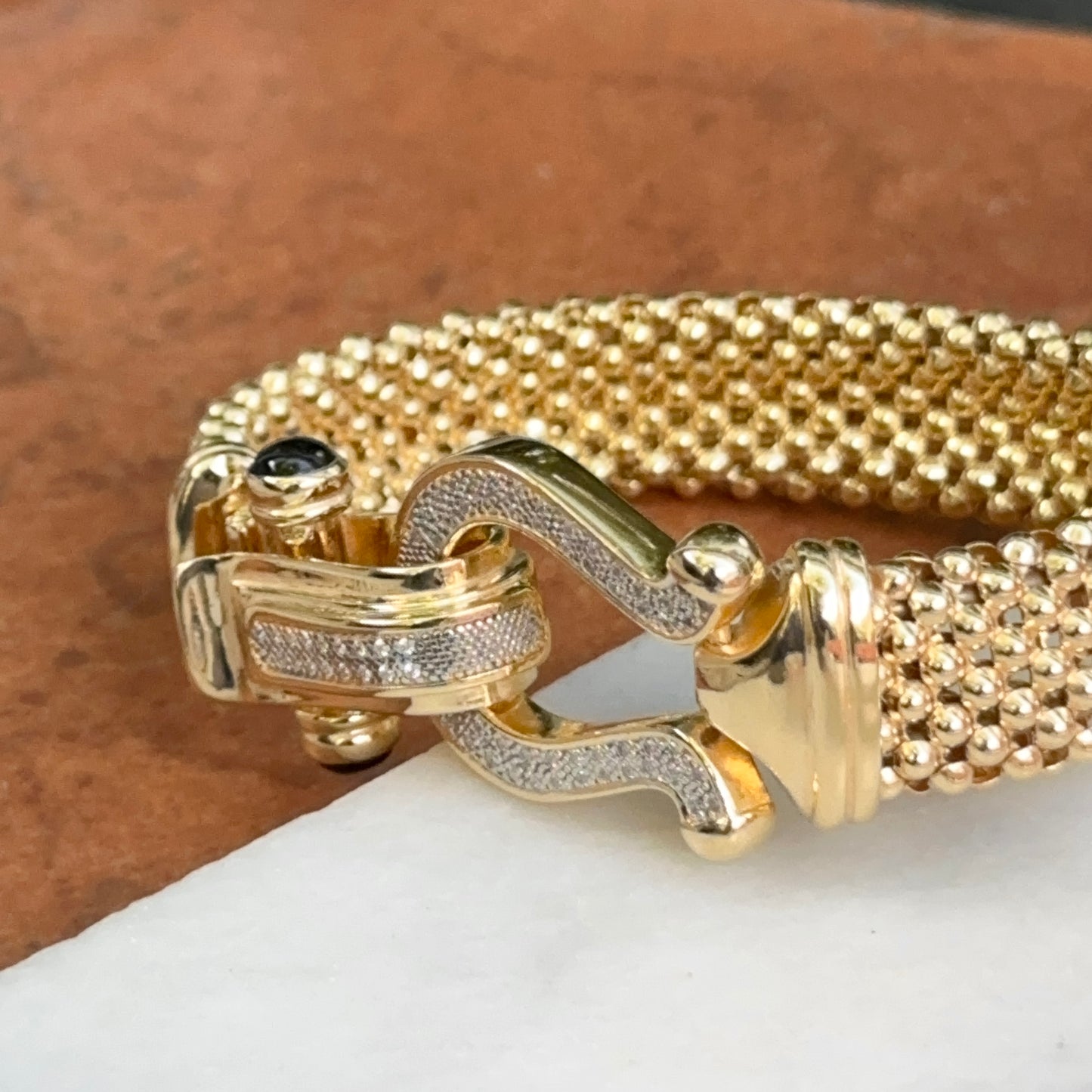 Gold-Plated Popcorn Mesh Onyx + Diamond Bangle Bracelet