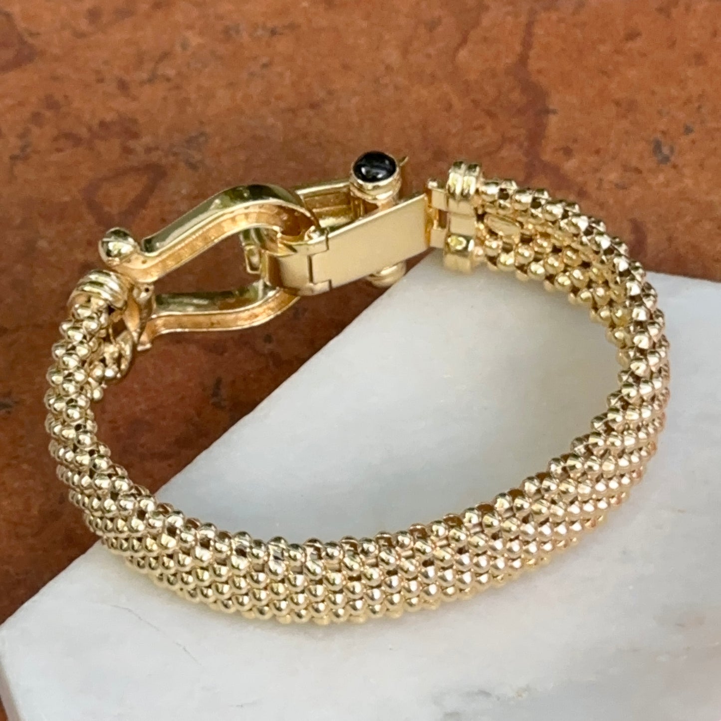 Gold-Plated Popcorn Mesh Onyx + Diamond Bangle Bracelet