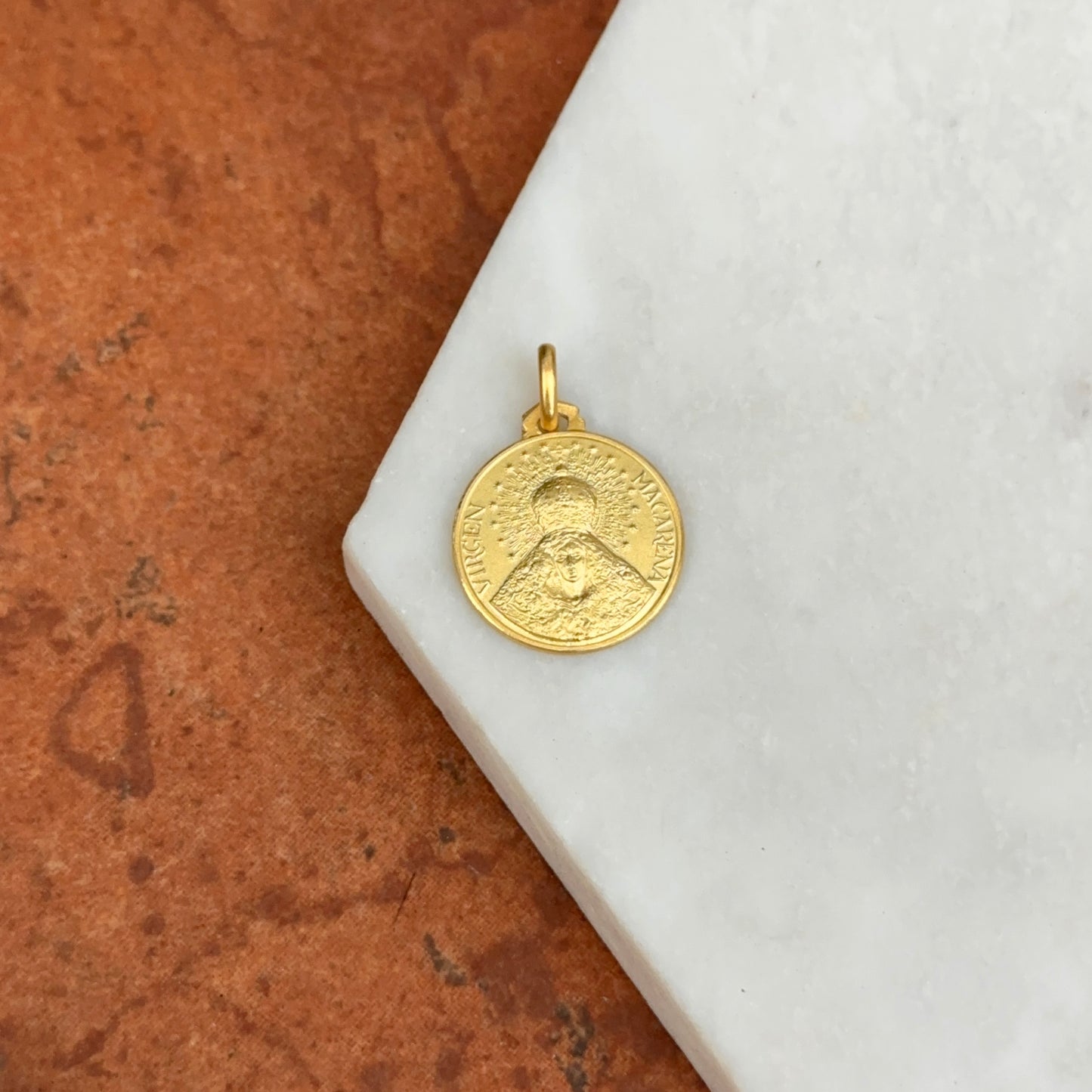 14KT Yellow Gold Virgin of Hope of Macarena Matte Round Medal Pendant 18mm