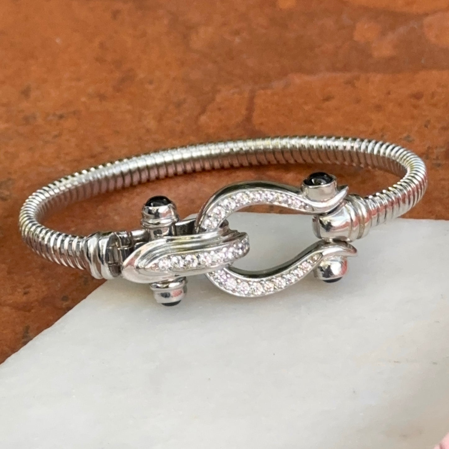Sterling Silver Ribbed Diamond + Onyx Horse Bit Bangle Bracelet