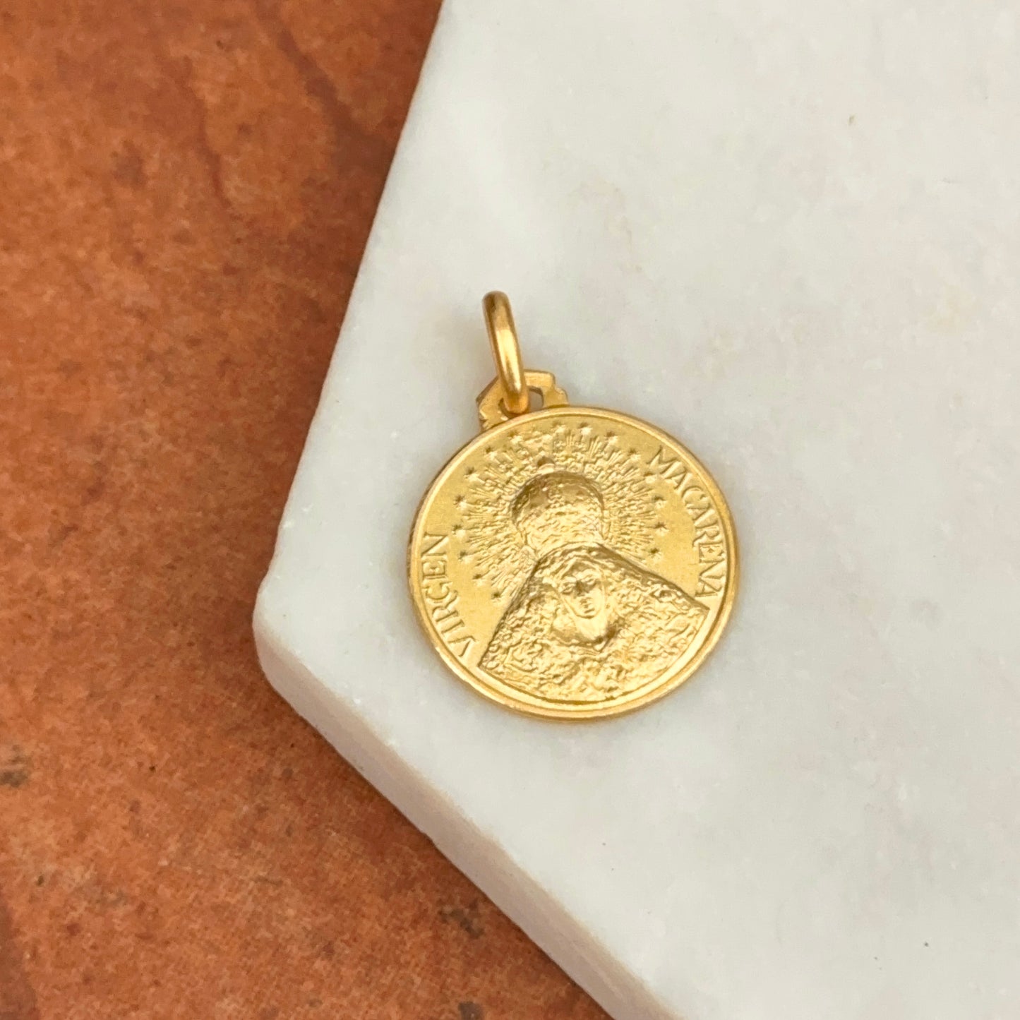 14KT Yellow Gold Virgin of Hope of Macarena Matte Round Medal Pendant 18mm