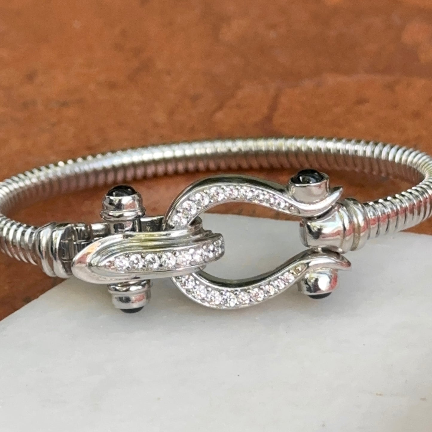 Sterling Silver Ribbed Diamond + Onyx Horse Bit Bangle Bracelet