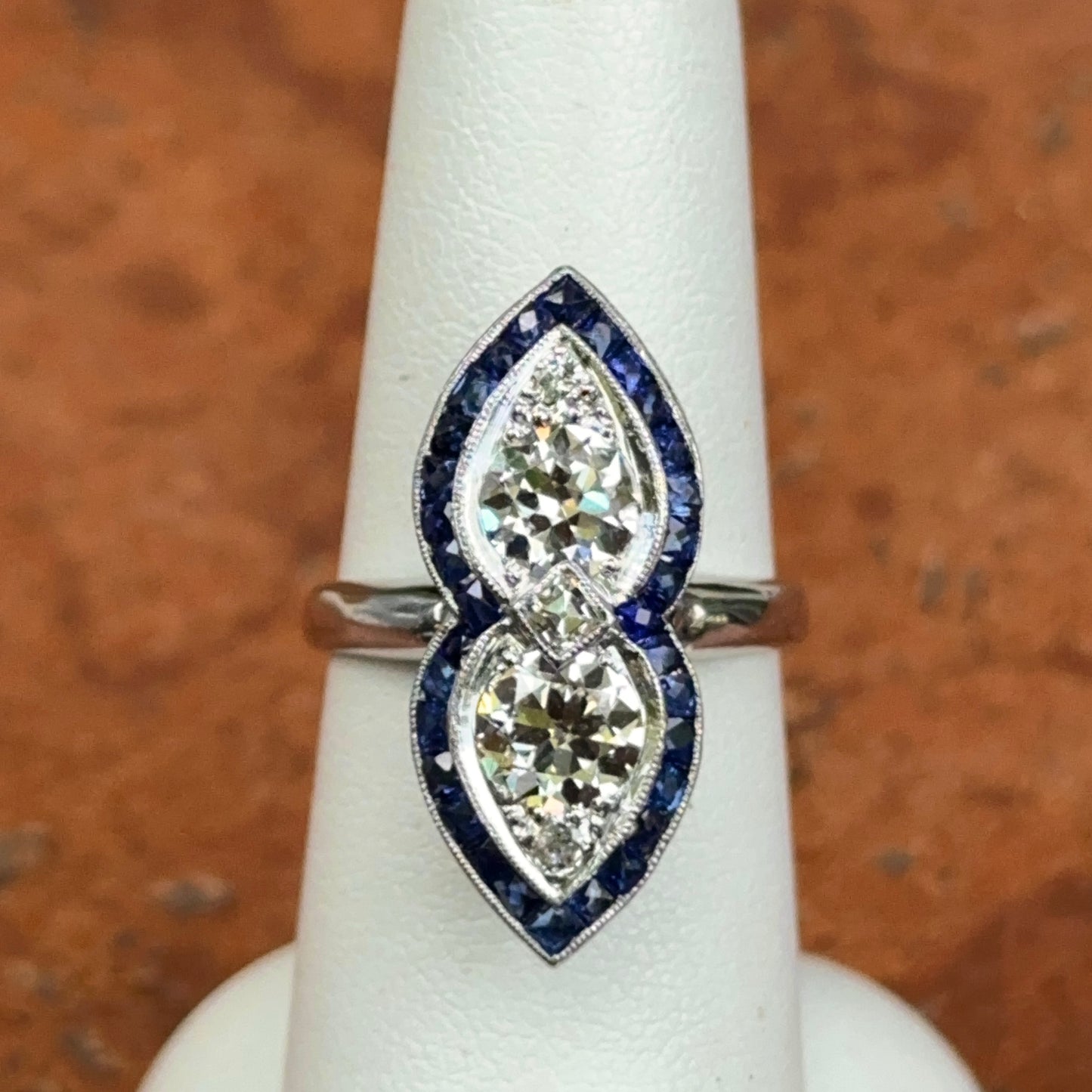 Estate Platinum + 14KT White Gold Diamonds + Sapphires Art Deco Ring