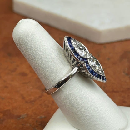 Estate Platinum + 14KT White Gold Diamonds + Sapphires Art Deco Ring
