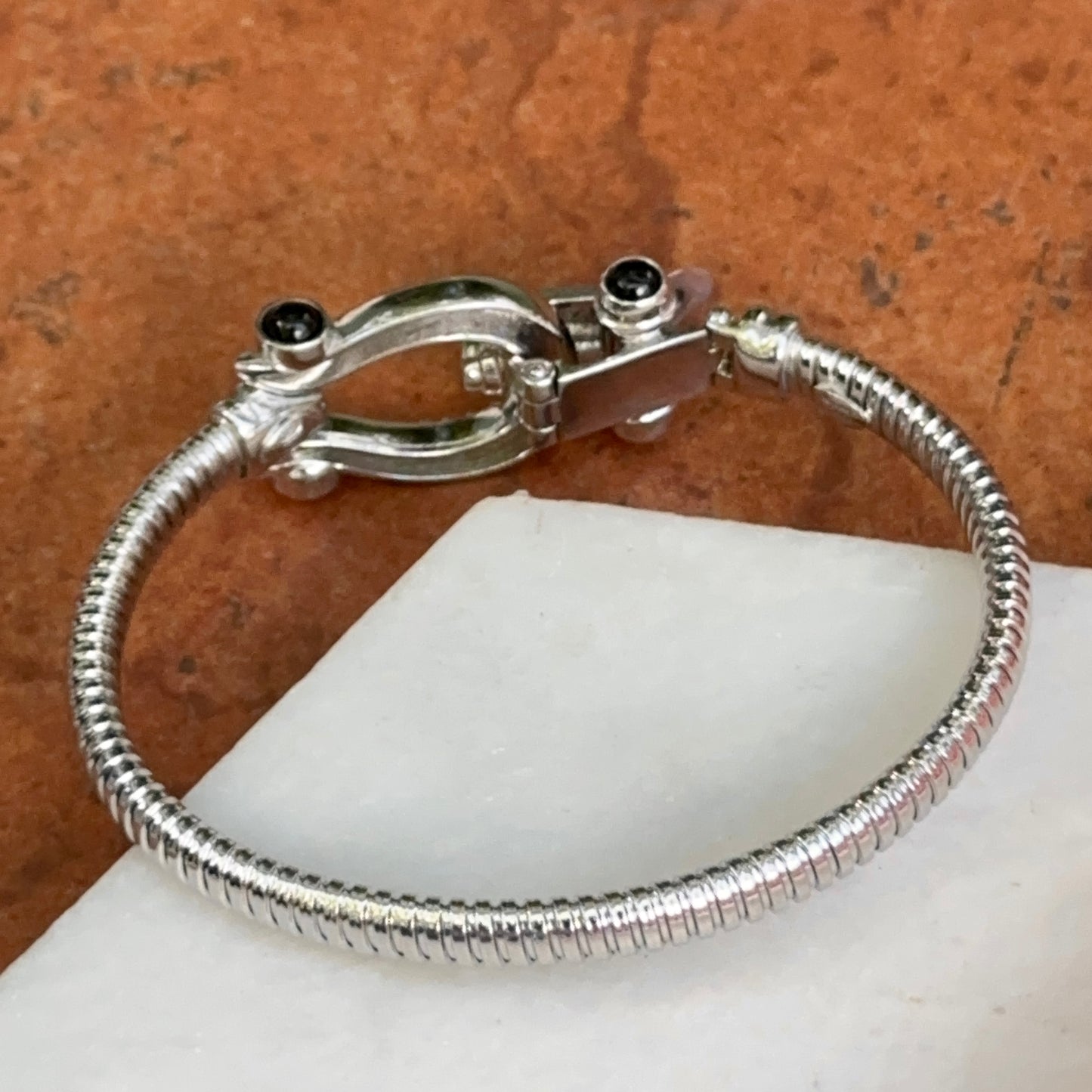 Sterling Silver Ribbed Diamond + Onyx Horse Bit Bangle Bracelet