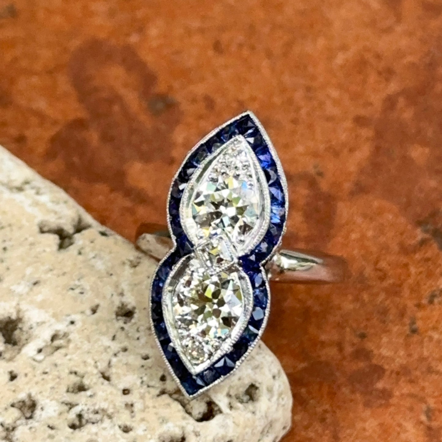 Estate Platinum + 14KT White Gold Diamonds + Sapphires Art Deco Ring