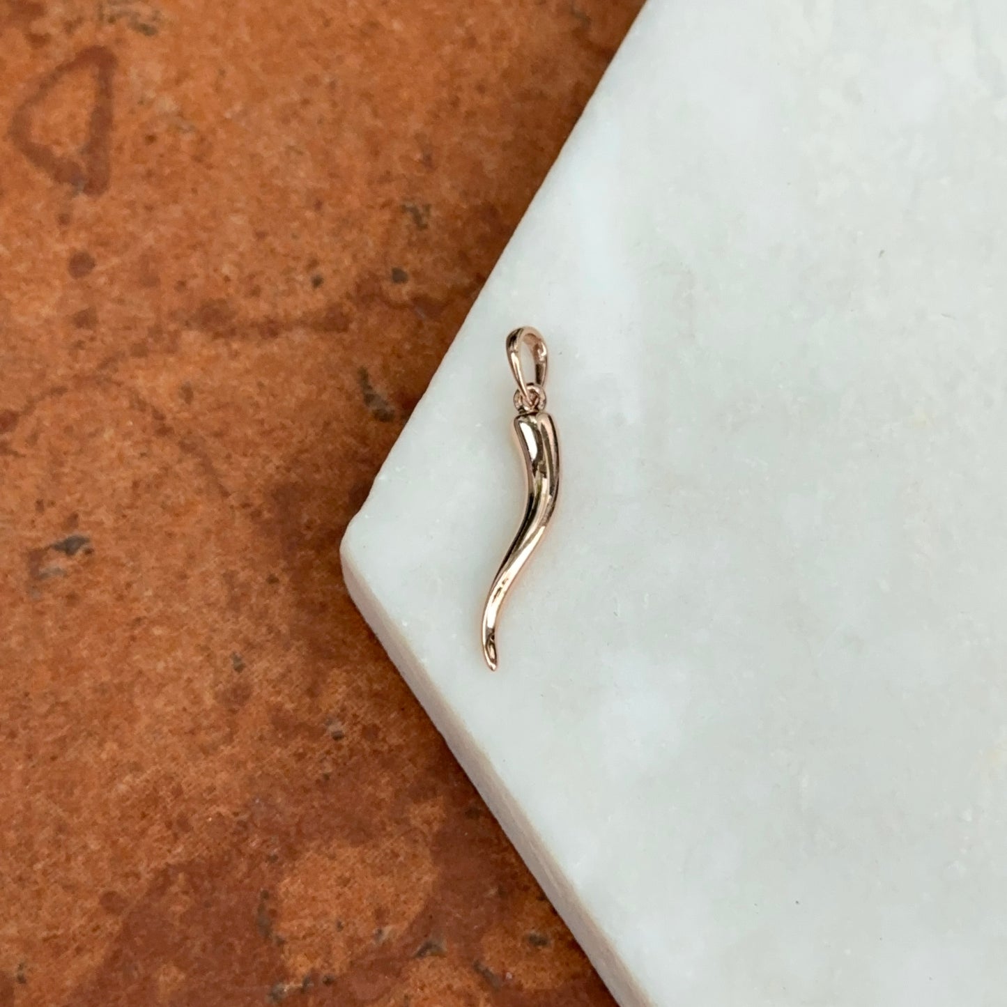 14KT Rose Gold Solid "Cornicello" Corno Italian Horn Pendant Charm 26mm