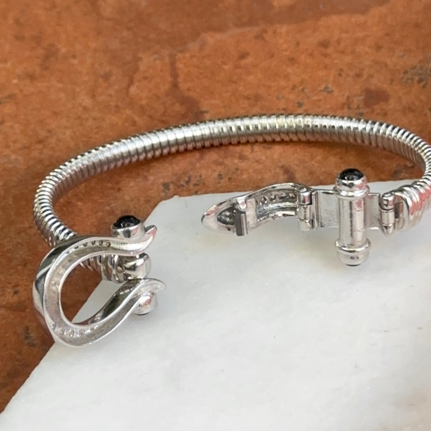 Sterling Silver Ribbed Diamond + Onyx Horse Bit Bangle Bracelet