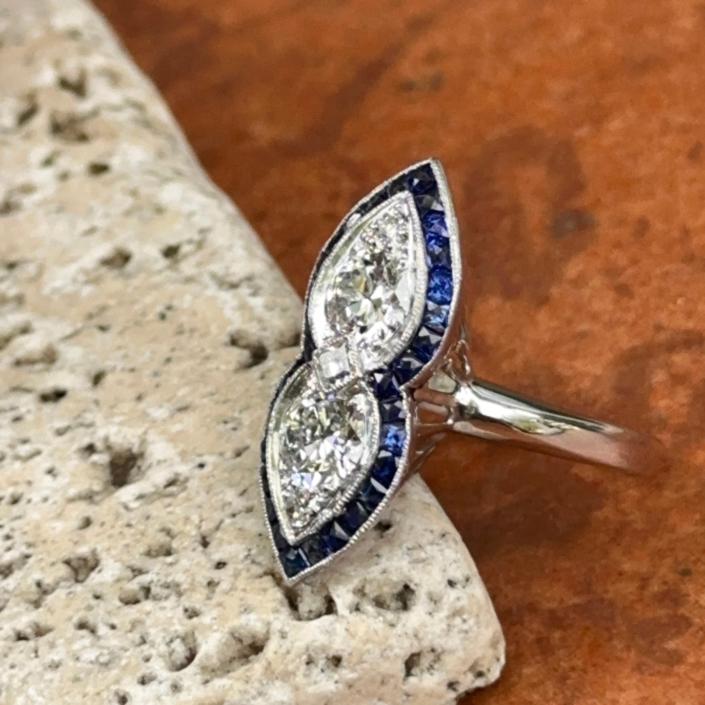 Estate Platinum + 14KT White Gold Diamonds + Sapphires Art Deco Ring