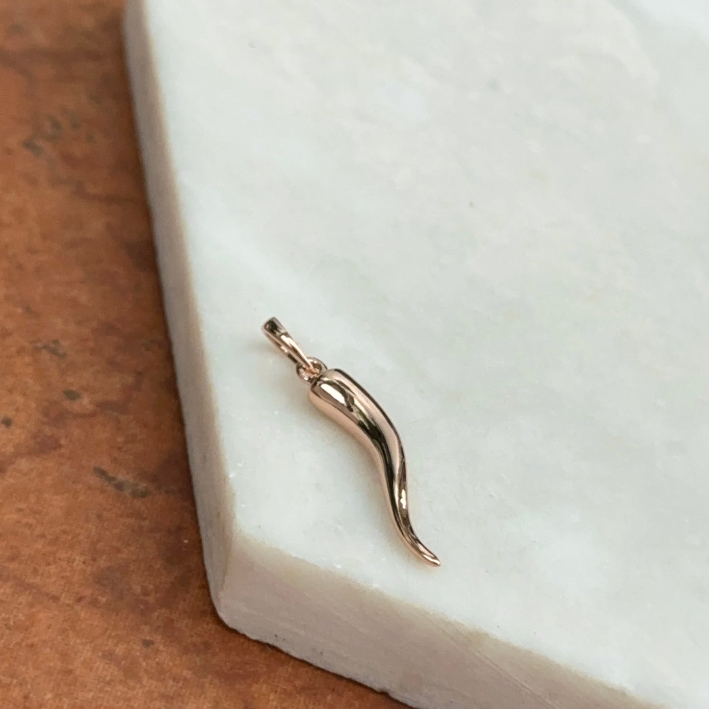 14KT Rose Gold Solid "Cornicello" Corno Italian Horn Pendant Charm 26mm