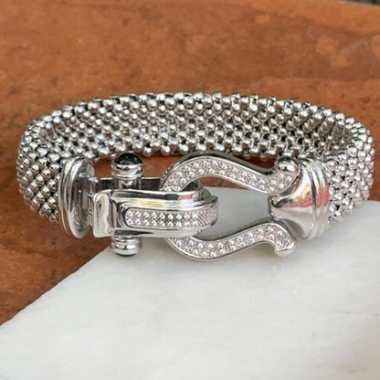 Sterling Silver Mesh Popcorn Horse Bit Diamond + Onyx Bracelet