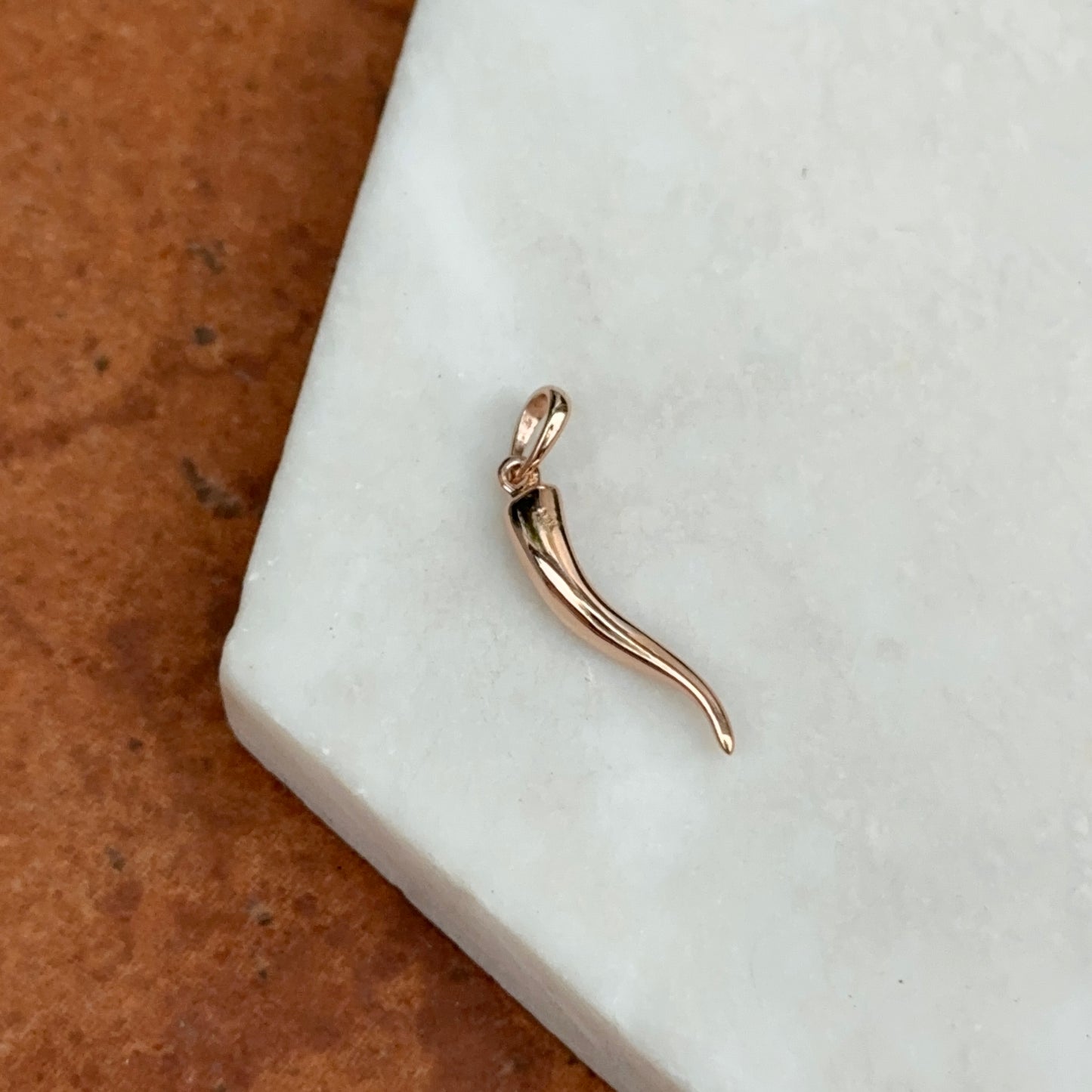 14KT Rose Gold Solid "Cornicello" Corno Italian Horn Pendant Charm 26mm